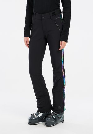 Zwarte skibroek met een slim fit, voorzien van een multicolore iriserende zijpaneel en ritszakken. Gemaakt van een waterproof stof.