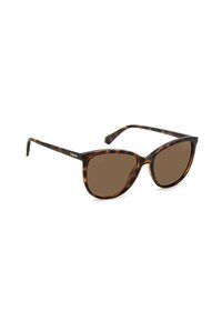 Occhiali da sole tortoiseshell marroni con forma a occhio di gatto e lenti color marrone. Le montature presentano una finitura lucida con un logo discreto sul braccio.