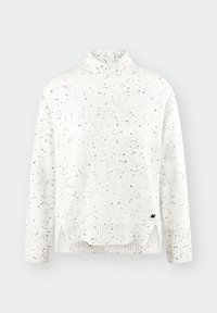 Witte trui met hoge kraag, voorzien van een gestructureerd patroon in grijs en zwart. Geribbelde zoom en manchetten zorgen voor textuur. Zijsplitsing aan de onderkant.