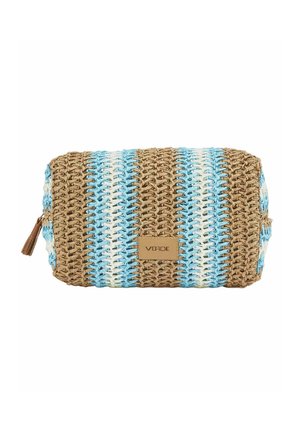 Borsa cosmetica rettangolare intrecciata con strisce blu, bianche e beige, cerniera con nappina ed etichetta in pelle con la scritta "VERDE".