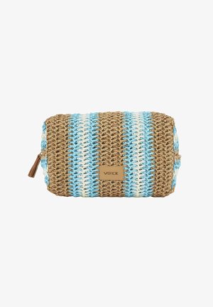 Bolsa de cosméticos rectangular tejida con rayas azules, blancas y beige, cremallera con borla y etiqueta de cuero con la inscripción "VERDE".