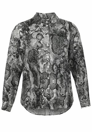 Chemise à manches longues avec un motif serpent noir et blanc, patte de boutonnage à l'avant, col pointu et ourlet incurvé.