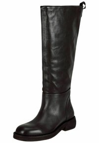Bota de cuero negro hasta la rodilla con una textura suave, punta redonda, tacón bajo cuadrado y una tira trasera para tirar. Presenta hardware y acentos mínimos.