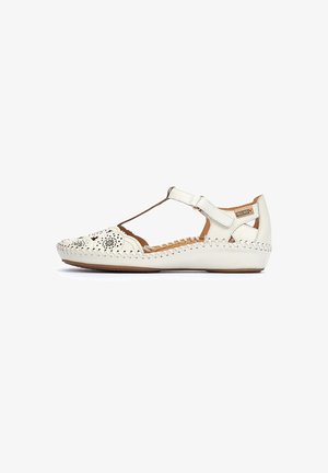 Weißes Leder-Sandale mit perforiertem Design und T-Riemen. Verfügt über eine gestickte Verzierung entlang der Sohle und einen Schnallenverschluss. Flache Sohle.