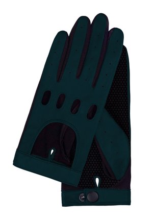 Dark green leather driving gloves with perforations, open knuckle design, and snap button closure on a black textured fabric back.