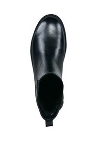 Schwarze Leder-Stiefelette mit glatter Oberfläche, runder Zehenform, elastischen Seiteneinsätzen und einem Ziehschlauf an der Rückseite für ein einfaches Anziehen.