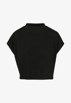 Top corto negro hecho de tela suave, con un cuello alto y mangas cortas, con un corte relajado y una textura lisa.
