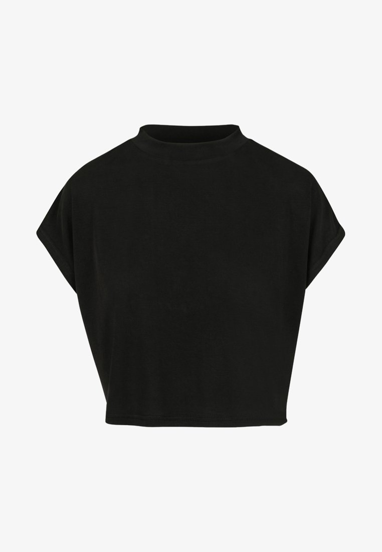 Black cropped top made of soft fabric, featuring a high neckline and short sleeves, with a relaxed fit and smooth texture.