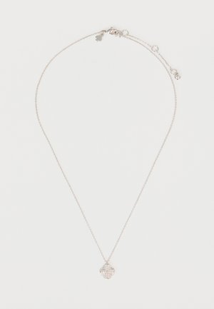 Sidabrinė grandinėlė su mažu, apvaliu, kristalais papuoštu gėlės pakabuku ir omarėlio formos užsegimu su prailginimo žiedais.