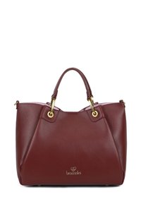Borsa tote in pelle bordeaux con hardware dorato, presenta un'esterno testurizzato, manici doppi e un logo personalizzato sul frontale.