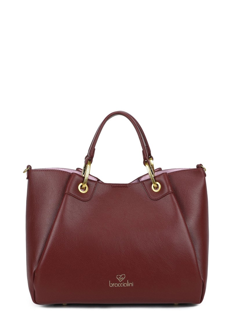 Borsa tote in pelle bordeaux con hardware dorato, presenta un'esterno testurizzato, manici doppi e un logo personalizzato sul frontale.
