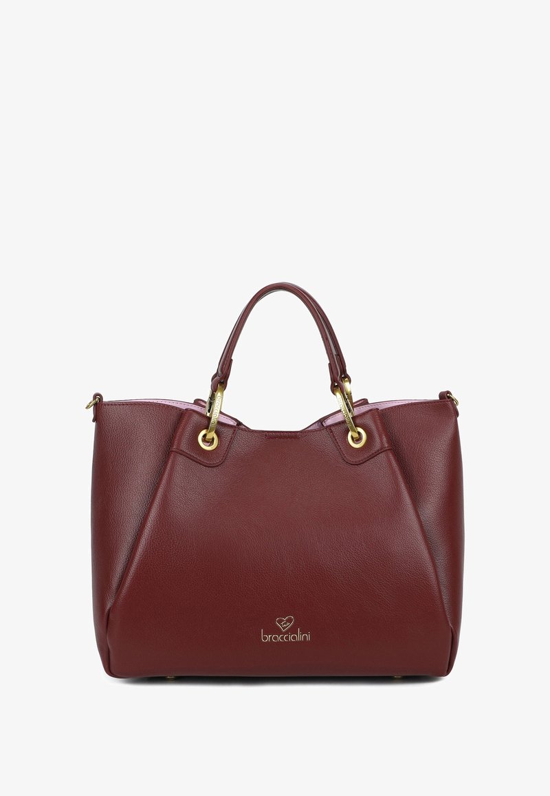 Borsa tote in pelle bordeaux con hardware dorato, presenta un'esterno testurizzato, manici doppi e un logo personalizzato sul frontale.