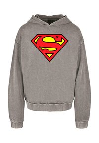Felpa grigia con cappuccio, caratterizzata da un grande logo di Superman in rosso e giallo. Presenta una texture morbida e polsini e orlo a coste.