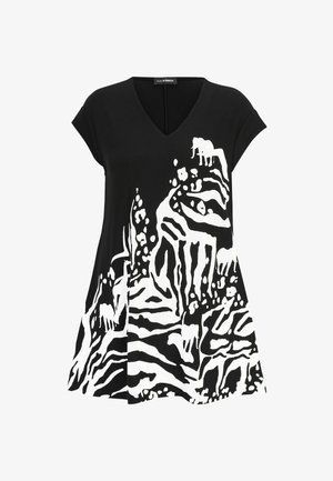 Black V-neck top with short sleeves, featuring a bold white abstract animal print across the fabric. Soft textile with fluid drape.
