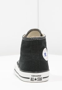 Czarne trampki Converse All Star za kostkę z białą gumową podeszwą, z naszywką z logo gwiazdki i kontrastowym przeszyciem.