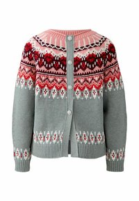 Cardigan tricoté avec un corps gris, un empiècement rose et des motifs fair isle multicolores en rouge et blanc. Fermeture par boutons avec des accents floraux.
