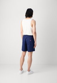 Mörkblå shorts med elastisk midja och rosa logotypapplikation, tillsammans med en vit linne och vita sneakers, sedd bakifrån.