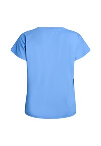 Blaues Kurzarm-Top mit rundem Ausschnitt, glattem Stoff und lockerem Sitz. Rückansicht zeigt keine Verzierungen oder Muster.