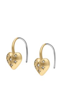 Goldene herzförmige Ohrringe mit polierter Oberfläche, verziert mit silbernen Haken und kleinen sternförmigen Diamanten auf der Oberfläche.