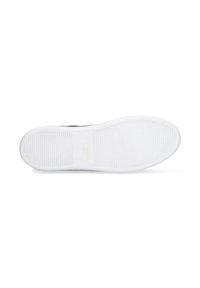 White rubber shoe sole with horizontal ridges and slight arch. Center logo detailing and smooth edges visible.