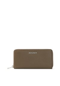 Brown leather wallet with a pebbled texture, silver hardware, and a zip-around closure. Features the logo "BOGNER" prominently displayed.