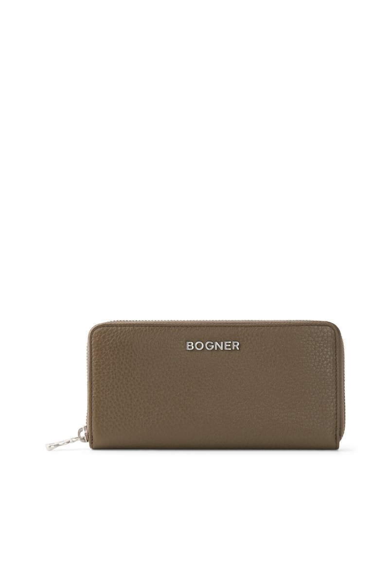 Brown leather wallet with a pebbled texture, silver hardware, and a zip-around closure. Features the logo "BOGNER" prominently displayed.