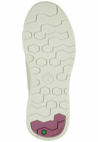Vit gummisul med ett hexagonalt mönster, med en rosa och grön detalj vid hälen märkt "Icke-märkande."