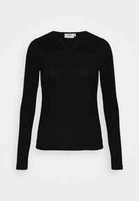 Top preto canelado de manga longa com decote em V e design cruzado. Corte slim com textura suave e leve transparência no tecido.