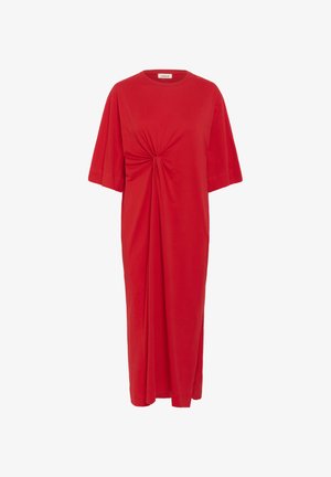 Red cotton dress with a crew neck, short sleeves, and a twist detail at the front. Features a relaxed fit and knee-length hem.