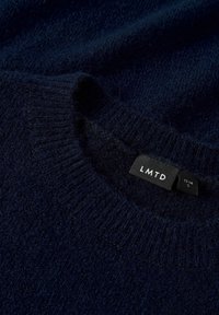 Granatowy sweter dzianinowy z okrągłym dekoltem, ściągaczami przy mankietach i u dołu. Metka z napisem "LMTD" i rozmiar 13-14. Miękka tekstura z delikatnym połyskiem.