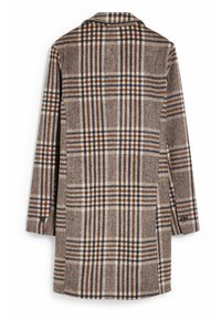 Prenda de abrigo de cuadro en mezcla de lana, en tonos marrón, beige y marino. Mangas largas, diseño de un solo botón y cuello con muesca.