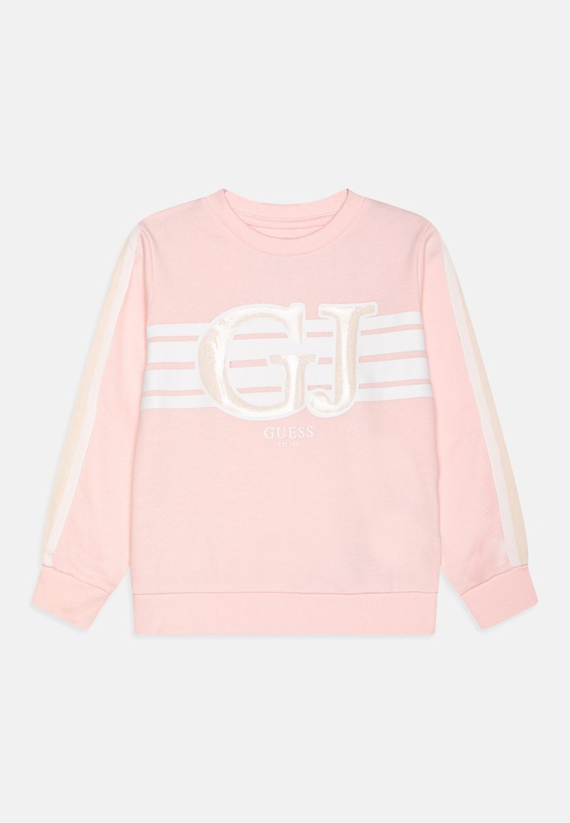 Sudadera rosa hecha de algodón suave, con un gran logotipo blanco "GJ", rayas blancas horizontales y acentos en las mangas de color beige claro.