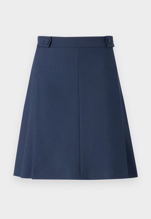 Tumesinine A-line seelik, mis on valmistatud siledast kangast, kahe dekoratiivse nööbiga vöökohtades ja peente külgõmbluste detailidega.