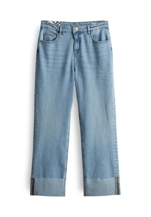 Light blue denim jeans with a straight-leg design, featuring a button closure, five-pocket styling, and wide cuffed hems.