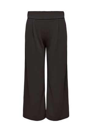 Pantalones cortos de pierna ancha negros con cinturilla plegada y pliegues frontales, exhibidos sobre un fondo blanco.