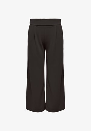 Black wide-leg cropped pants with a folded waistband and front pleats, displayed against a white background.