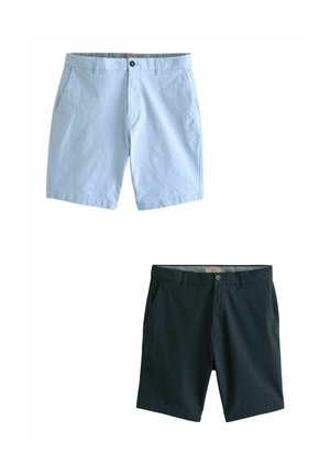 Lyseblå og mørkegrønne shorts har et klassisk design med lommer, knaplukning og en glat tekstur.