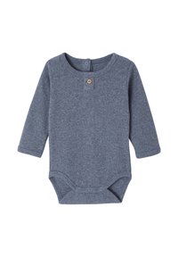 Langarm-Babybodysuit aus gemustertem blauen Rippstoff, mit Rundhalsausschnitt, Knopfverschluss und Druckknöpfen unten.