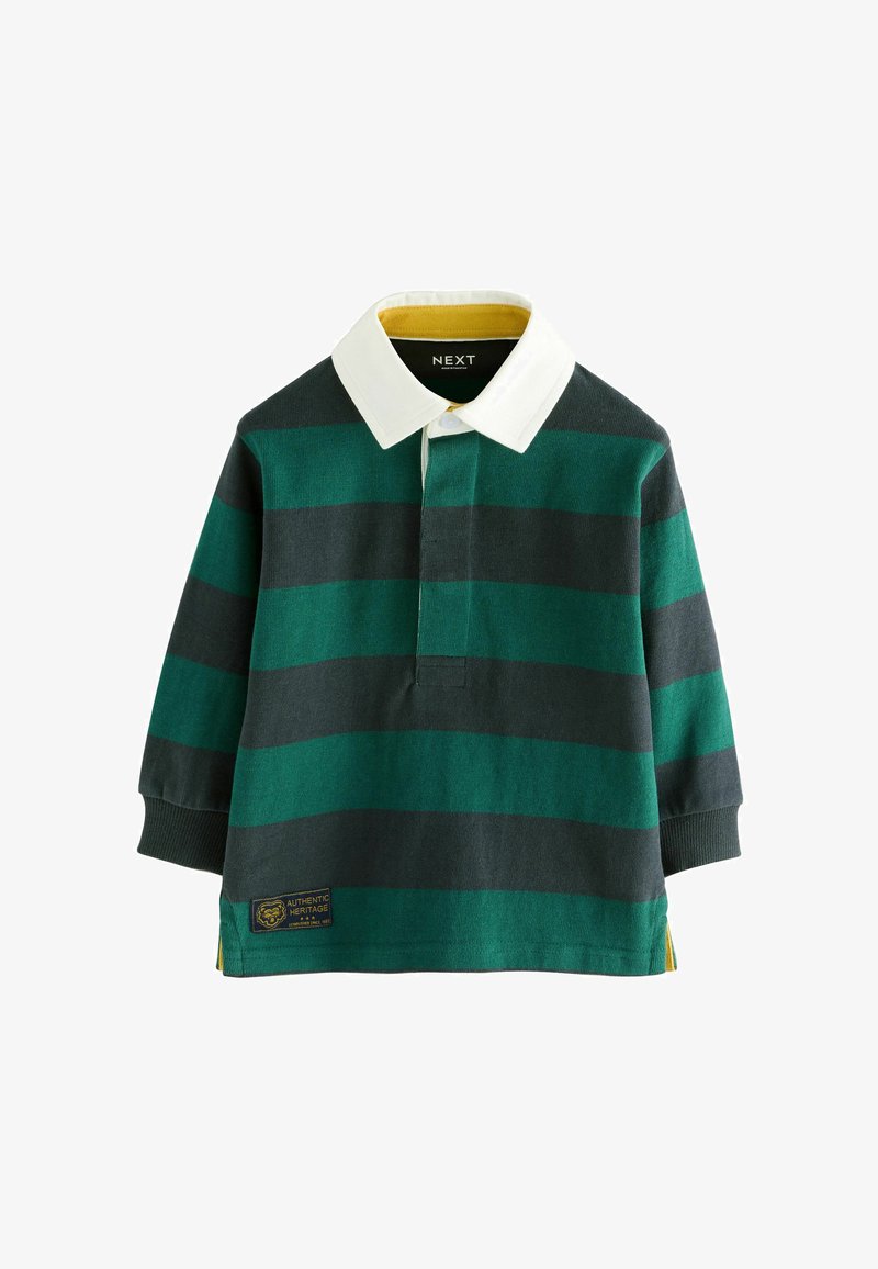 Zaļš un tumši pelēks svītrots garām piedurknēm polo krekls ar baltu apkakli un dzeltenu iekšpusi, piedāvā sānu uzlīmes detaļu.