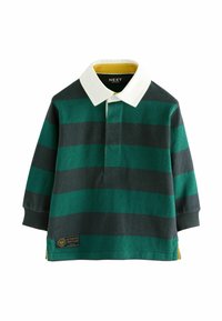 Polo a maniche lunghe verde e grigio scuro a righe con colletto bianco e interno giallo, caratterizzato da un'etichetta laterale.