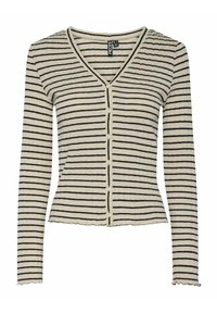 Cardigan rayé en crème avec des bandes horizontales noires. Texture côtelée, décolleté en V, et cinq boutons à l'avant. Longueur cropped avec un ourlet brut.