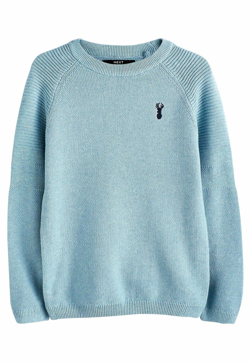 Pull bleu clair en maille avec col rond côtelé, manches texturées et petit logo homard foncé sur le côté gauche de la poitrine.