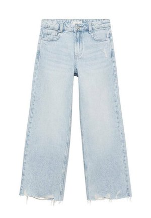 Jasnoniebieskie dżinsy z szerokimi nogawkami, wykonane z denimu, z wysokim stanem i postrzępionymi brzegami. Pięć kieszeni z klasycznym zapięciem na guzik i zamek błyskawiczny.