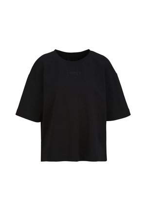 Schwarzes kurzärmeliges T-Shirt mit lockerem Schnitt, rundem Ausschnitt und subtil eingeprägtem "19V69" Logo auf der Brust.