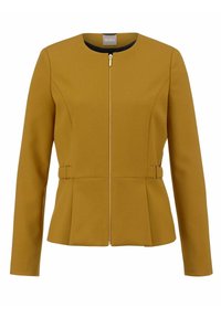 Veste femme jaune moutarde avec fermeture éclair à l’avant, col rond, manches longues et détails de boucles latérales à la taille.
