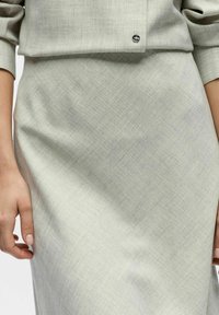 Jupe vert clair texturée avec une surface lisse et des motifs subtils, dotée d'une ceinture visible et d'un détail de bouton près du haut.