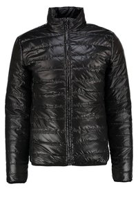 Black puffer jacket with a high collar, zip closure, and horizontal stitched pattern. Made from shiny, smooth synthetic material.