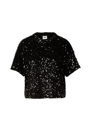 Top negro de manga corta hecho de tela con lentejuelas, con un ajuste amplio y escote redondeado, cubierto de lentejuelas brillantes y reflectantes.