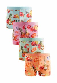 Vier Paare Herrenboxershorts mit lebhaften Druckmotiven von Früchten und Meeresfrüchten. Die Farben umfassen Blau, Pink, Orange und Grün mit elastischen Taillenbändern.