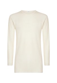 Maglietta a manica lunga color crema chiaro realizzata in tessuto morbido. Presenta un collo a giro e una vestibilità comoda, senza motivi o accenti visibili.